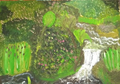 Gorgeous water garden in abstract form showing waterfall'ssigned painted and dated 2019